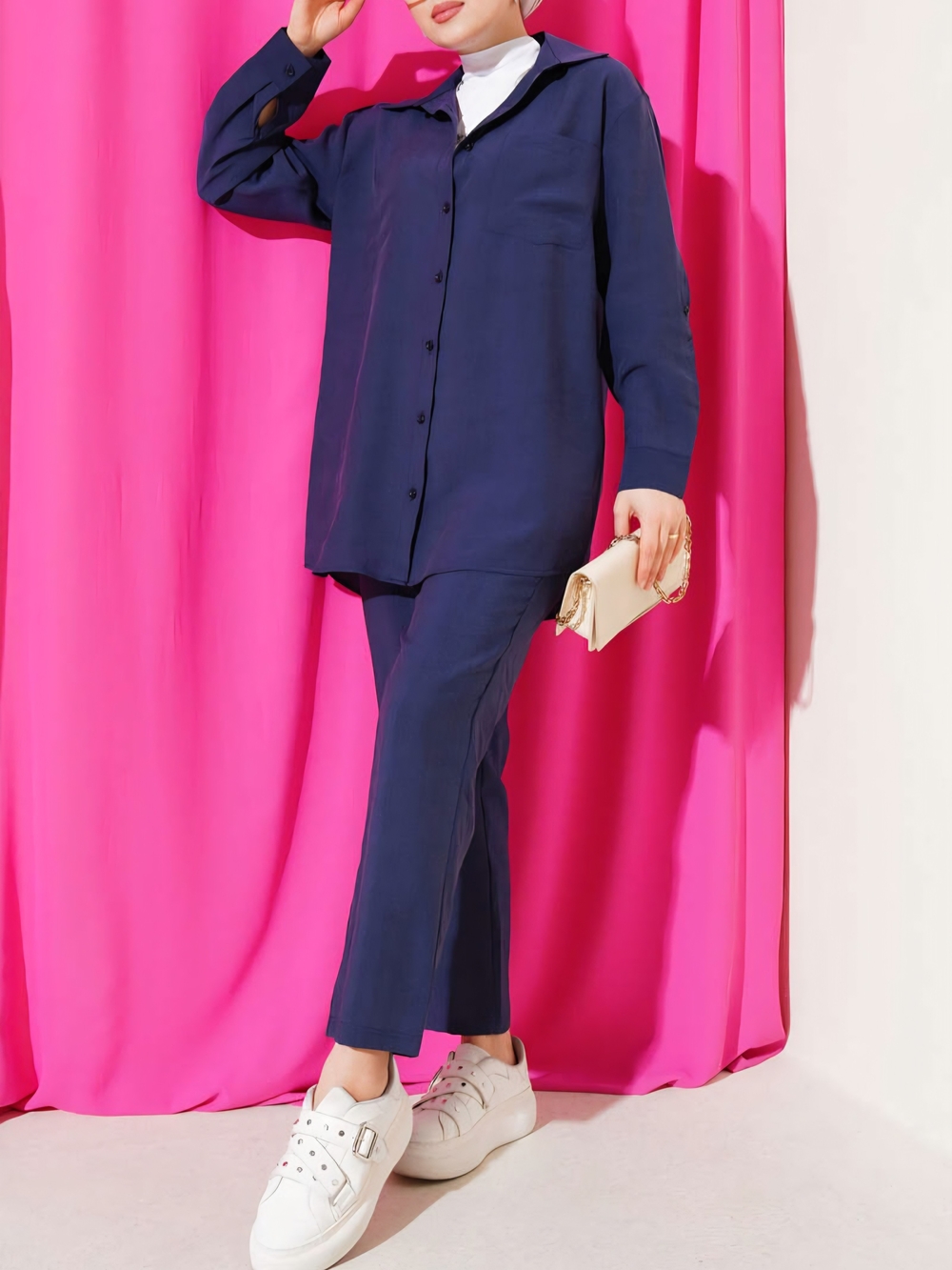 Modest Oversized Shirt & Pants Two-Piece Set – Navy Blue- Size XL-XXL